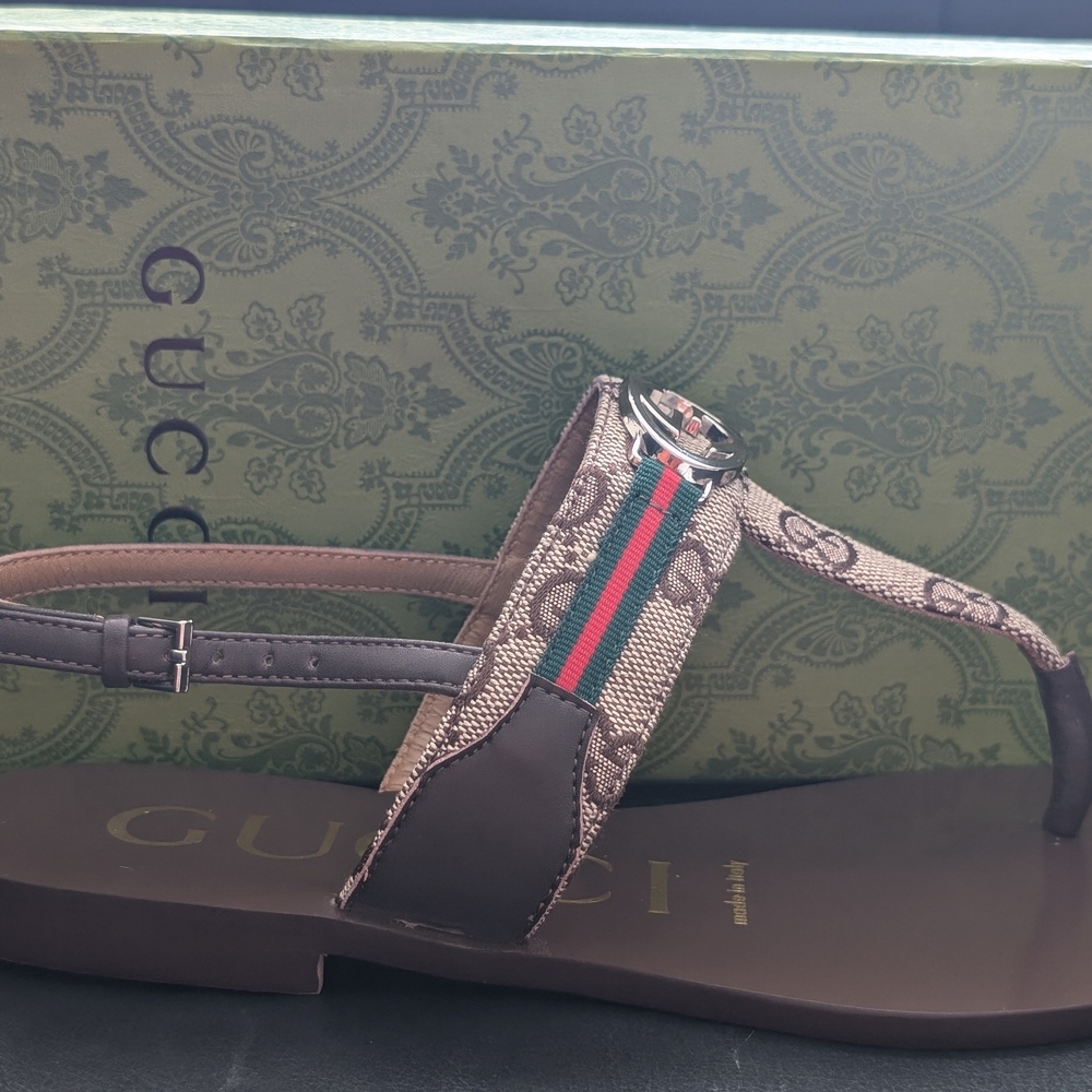 Gucci Brown Sandals with Gold Accents - Picture 5 of 11